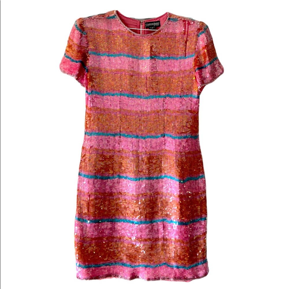 Vintage Full Sequin Pink, Orange, Blue Iridescent Costume Formal Dress | Size L